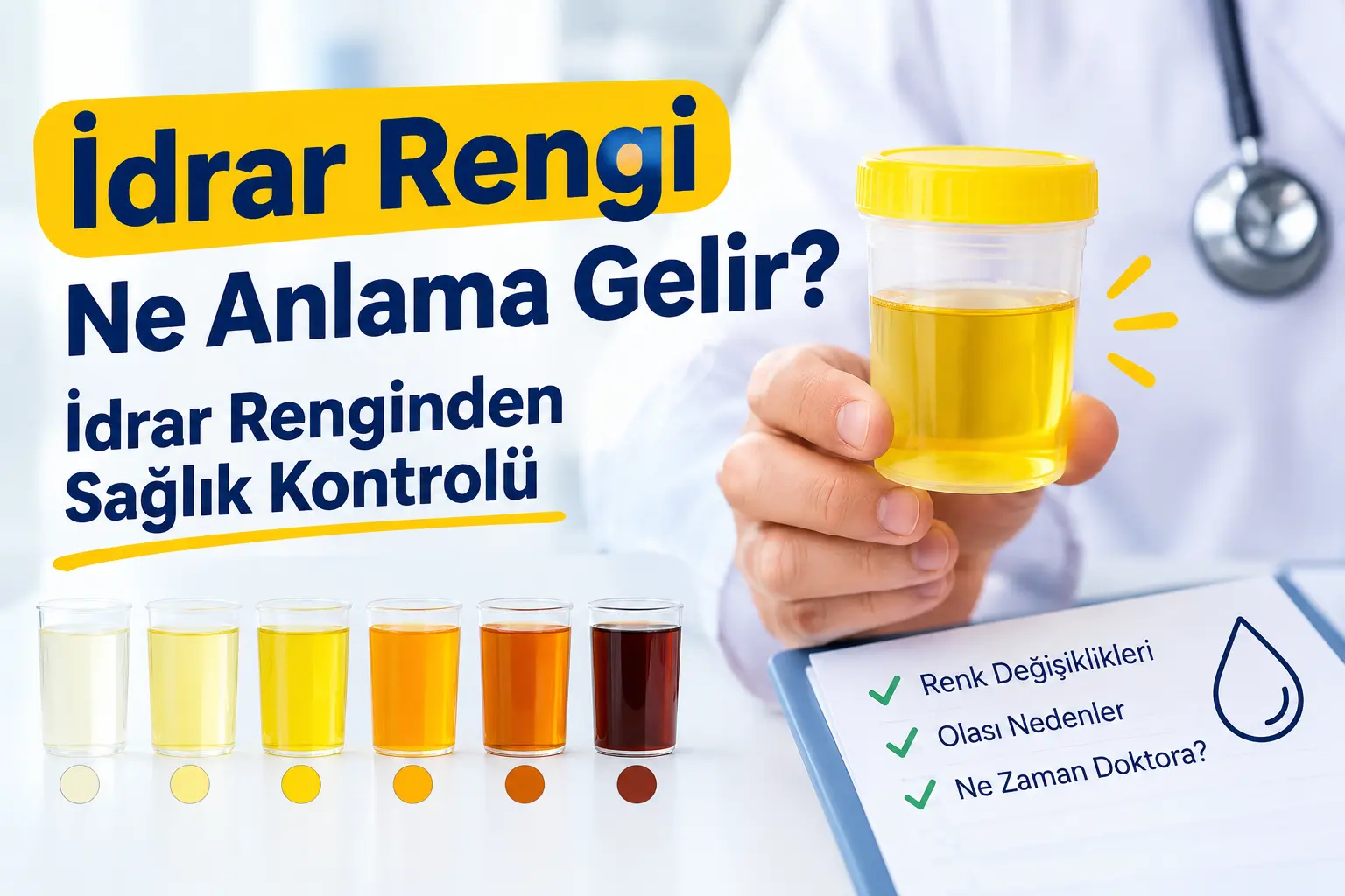 İdrar Rengi Ne Anlama Gelir? İdrar Renginden Sağlık Kontrolü İdrar rengi ne anlama gelir? İdrar renginden sağlık kontrolü, açık sarıdan koyu kahverengiye idrar renkleri ve olası sağlık nedenleri